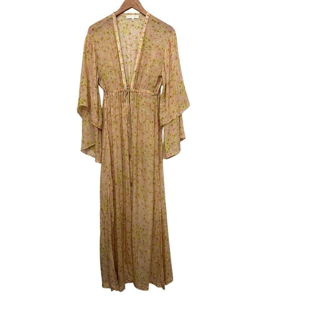 Paloma Blue Kimono Duster Cover Up Robe Maxi 100% Silk Slit Sides M/L